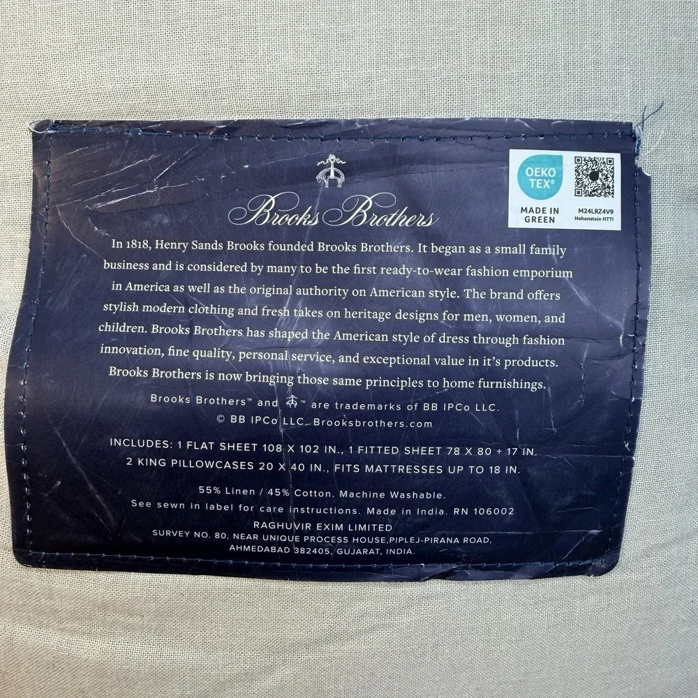 NEW Brooks Brothers Linen/Cotton Blend KING Size Sheet Set Washed for Softness